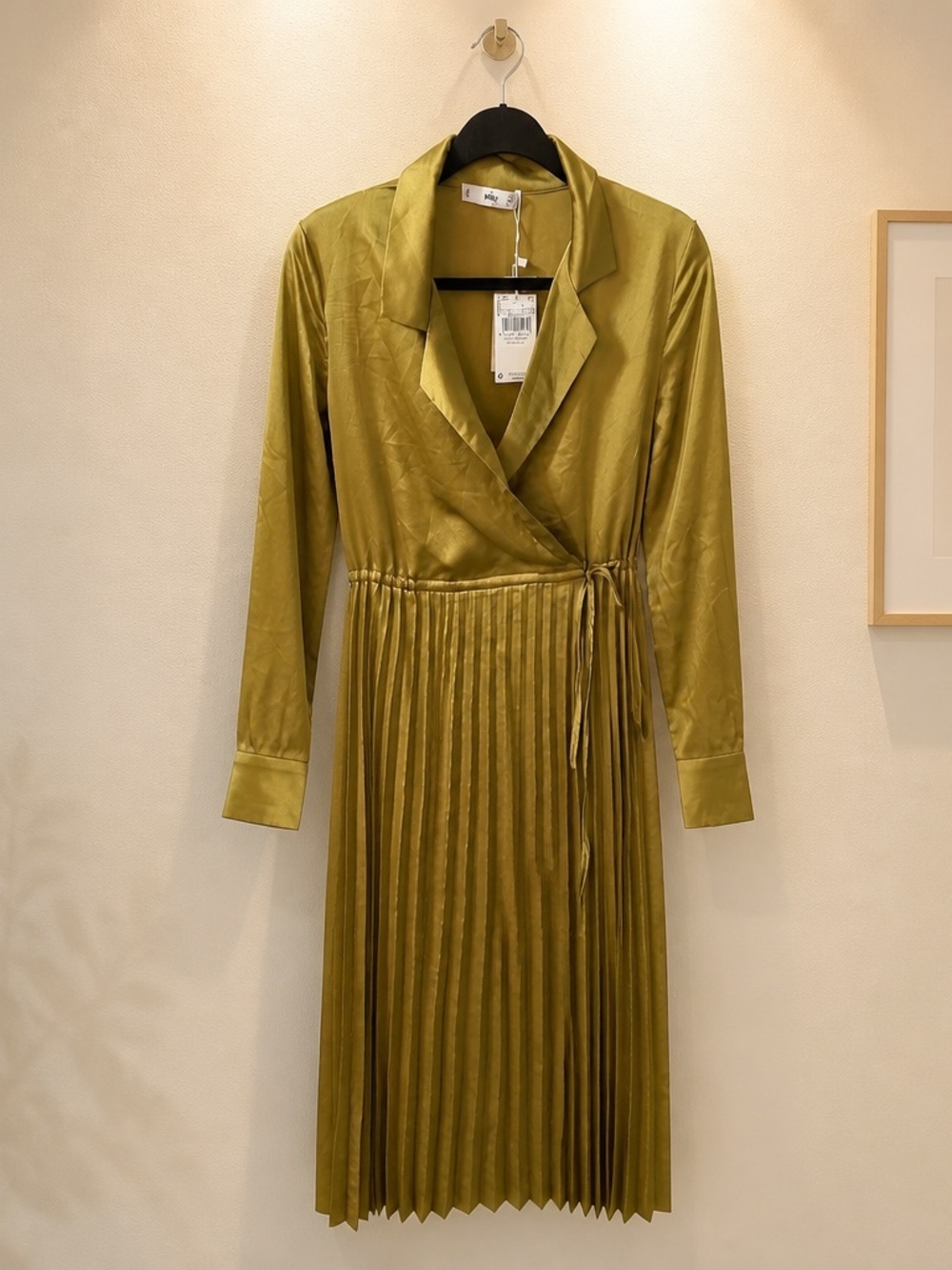 Mango Olive Green Pleated Wrap-Style Long Sleeve Dress